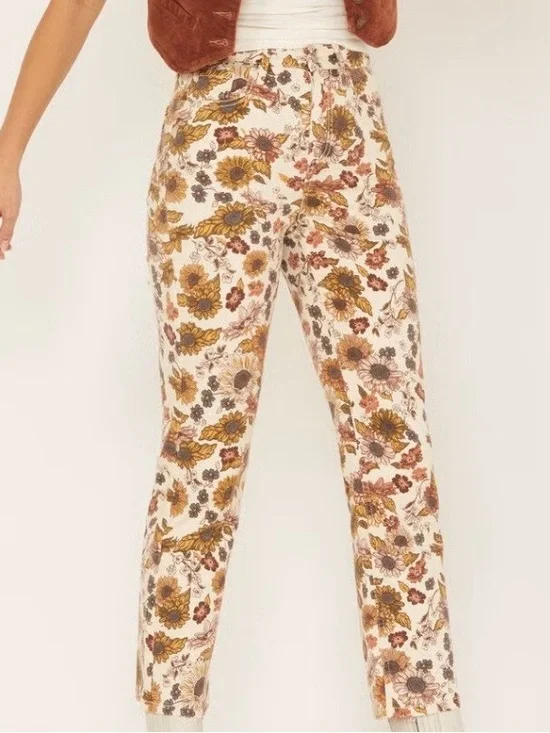 Cleo + Wolf Country Garden Yellow Floral Print High Rise Boot Cut Jeans - Picture 2 of 16